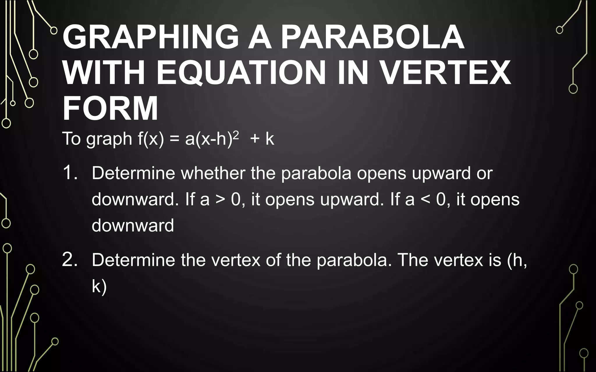 GRAPHING A PARABOLA
WITH EQUATION IN VERTEX
FORM
To graph f(x) = a(x-h)2 + k
1. Determine whether the parabola opens upward or
downward. If a > 0, it opens upward. If a < 0, it opens
downward
2. Determine the vertex of the parabola. The vertex is (h,
k)