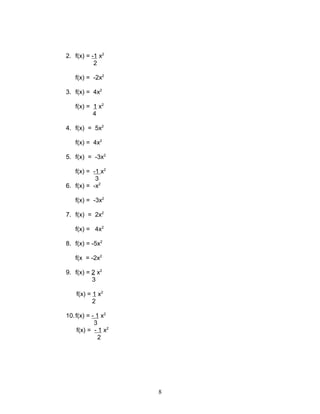 2. f(x) = -1 x2
2
f(x) = -2x2
3. f(x) = 4x2
f(x) = 1 x2
4
4. f(x) = 5x2
f(x) = 4x2
5. f(x) = -3x2
f(x) = -1 x2
3
6. f(x) = -x2
f(x) = -3x2
7. f(x) = 2x2
f(x) = 4x2
8. f(x) = -5x2
f(x = -2x2
9. f(x) = 2 x2
3
f(x) = 1 x2
2
10.f(x) = - 1 x2
3
f(x) = - 1 x2
2
8
 