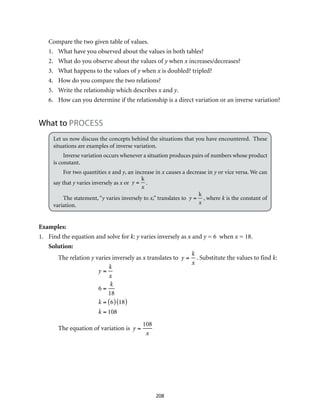 Compare the two given table of values.
1. 	 What have you observed about the values in both tables?
2.	 What do you observe about the values of y when x increases/decreases?
3.	 What happens to the values of y when x is doubled? tripled?
4.	 How do you compare the two relations?
5. 	 Write the relationship which describes x and y.
6.	 How can you determine if the relationship is a direct variation or an inverse variation?
What to PROCESS
Let us now discuss the concepts behind the situations that you have encountered. These
situations are examples of inverse variation.
Inverse variation occurs whenever a situation produces pairs of numbers whose product
is constant.
For two quantities x and y, an increase in x causes a decrease in y or vice versa. We can
say that y varies inversely as x or y =
k
x
.
The statement, “y varies inversely to x,” translates to y =
k
x
, where k is the constant of
variation.
Examples:
1.	 Find the equation and solve for k: y varies inversely as x and y = 6 when x = 18.
Solution:
The relation y varies inversely as x translates to y =
k
x
. Substitute the values to find k:	
	
y =
k
x
6 =
k
18
k = 6( ) 18( )
k = 108
The equation of variation is y =
108
x
208
 