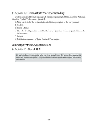➤ Activity 15: Demonstrate Your Understanding!
Create a scenario of the task in paragraph form incorporating GRASP: Goal, Role, Audience,
Situation, Product/Performance, Standards
G:	Make a criteria for the best project related to the protection of the environment
R:	Student
A:	School Officials
S:	 The school will grant an award to the best project that promotes protection of the
environment.
P:	Criteria
S:	 Justification, Accuracy of Data, Clarity of Presentation
Summary/Synthesis/Generalization:
➤ Activity 16: Wrap It Up!
On a sheet of paper, summarize what you have learned from this lesson. Provide real-life
examples. Illustrate using tables, graphs, and mathematical equations showing the relationship
of quantities.
214
 