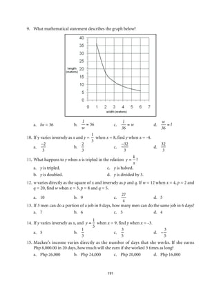 9.	 What mathematical statement describes the graph below?
a.	 lw = 36	 b.	
l
w
= 36 	c.	
l
36
= w 	d.	
w
36
= l
10.	If y varies inversely as x and y =
1
3
when x = 8, find y when x = -4.
a.	
–2
3
	b.	
2
3
	c.	
–32
3
	d.	
32
3
11.	What happens to y when x is tripled in the relation y =
k
x
?
a.	 y is tripled.	 c.	 y is halved.	
b.	 y is doubled.	 d.	 y is divided by 3.
12.	w varies directly as the square of x and inversely as p and q. If w = 12 when x = 4, p = 2 and
q = 20, find w when x = 3, p = 8 and q = 5.
a.	10	 b.	9	 c.	
27
4
	 d.	5
13.	If 3 men can do a portion of a job in 8 days, how many men can do the same job in 6 days?
a.	7	 b.	6	c.	5	d.	4
14.	If y varies inversely as x, and y =
1
5
when x = 9, find y when x = -3.
a.	5	 b.	
1
3
	c.	
3
5
	d.	–
3
5
	
15.	Mackee’s income varies directly as the number of days that she works. If she earns
Php 8,000.00 in 20 days, how much will she earn if she worked 3 times as long?
a.	 Php 26,000	 b.	 Php 24,000 	 c.	 Php 20,000	 d.	 Php 16,000 	
191
 