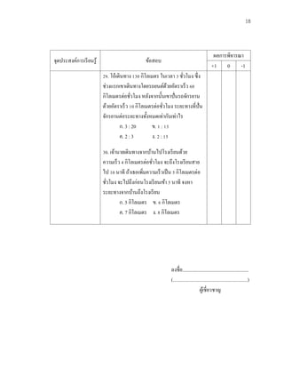 18
จุดประสงค์การเรียนรู้ ข้อสอบ
ผลการพิจารณา
+1 0 -1
29. โอ๋เดินทาง 130 กิโลเมตร ในเวลา 3 ชั่วโมง ซึ่ง
ช่วงแรกเขาเดินทางโดยรถยนต์ด้วยอัตราเร็ว 60
กิโลเมตรต่อชั่วโมง หลังจากนั้นเขาปั่นรถจักรยาน
ด้วยอัตราเร็ว 10 กิโลเมตรต่อชั่วโมง ระยะทางที่ปั่น
จักรยานต่อระยะทางทั้งหมดเท่ากับเท่าไร
ก. 3 : 20 ข. 1 : 13
ค. 2 : 3 ง. 2 : 15
30. เจ้านายเดินทางจากบ้านไปโรงเรียนด้วย
ความเร็ว 4 กิโลเมตรต่อชั่วโมง จะถึงโรงเรียนสาย
ไป 10 นาที ถ้าเธอเพิ่มความเร็วเป็น 5 กิโลเมตรต่อ
ชั่วโมง จะไปถึงก่อนโรงเรียนเข้า 5 นาที จงหา
ระยะทางจากบ้านถึงโรงเรียน
ก. 5 กิโลเมตร ข. 6 กิโลเมตร
ค. 7 กิโลเมตร ง. 8 กิโลเมตร
ลงชื่อ......................................................
(.............................................................)
ผู้เชี่ยวชาญ
 