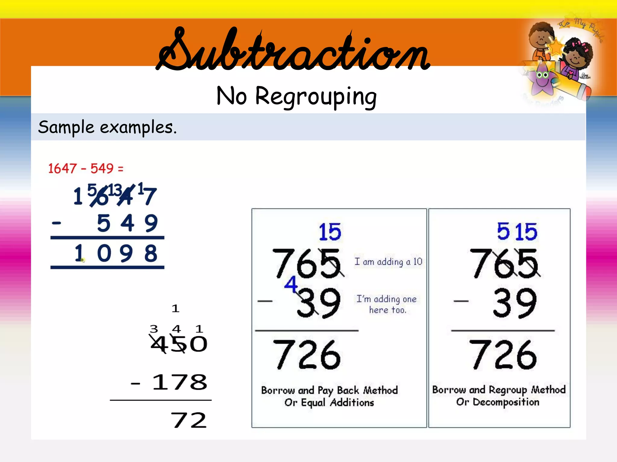 Subtraction
Sample examples.
No Regrouping
 