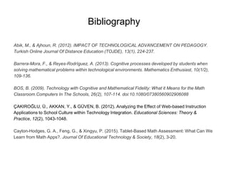 Bibliography
Abik, M., & Ajhoun, R. (2012). IMPACT OF TECHNOLOGICAL ADVANCEMENT ON PEDAGOGY.
Turkish Online Journal Of Distance Education (TOJDE), 13(1), 224-237.
Barrera-Mora, F., & Reyes-Rodríguez, A. (2013). Cognitive processes developed by students when
solving mathematical problems within technological environments. Mathematics Enthusiast, 10(1/2),
109-136.
BOS, B. (2009). Technology with Cognitive and Mathematical Fidelity: What it Means for the Math
Classroom.Computers In The Schools, 26(2), 107-114. doi:10.1080/07380560902906088
ÇAKIROĞLU, Ü., AKKAN, Y., & GÜVEN, B. (2012). Analyzing the Effect of Web-based Instruction
Applications to School Culture within Technology Integration. Educational Sciences: Theory &
Practice, 12(2), 1043-1048.
Cayton-Hodges, G. A., Feng, G., & Xingyu, P. (2015). Tablet-Based Math Assessment: What Can We
Learn from Math Apps?. Journal Of Educational Technology & Society, 18(2), 3-20.
 