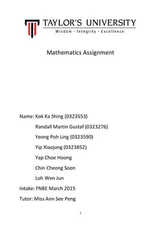 1
Mathematics Assignment
Name: Kok Ka Shing (0323553)
Randall Martin Gustaf (0323276)
Yeong Poh Ling (0323590)
Yip Xiaojung (0323852)
Yap Choe Hoong
Chin Cheong Soon
Loh Wen Jun
Intake: FNBE March 2015
Tutor: Miss Ann See Peng
 