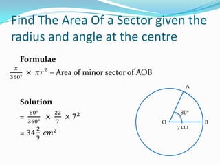 Find The Area Of a Sector given the
radius and angle at the centre
A
O B
7 cm
Formulae
Solution
 