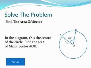 Solve The Problem
Find The Area Of Sector
A
O
B
In the diagram, O is the centre
of the circle. Find the area
of Major Sector AOB.
Answer
 
