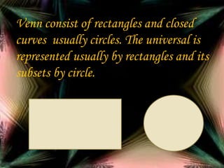 Venn consist of rectangles and closed
curves usually circles. The universal is
represented usually by rectangles and its
subsets by circle.

 