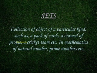 Collection of object of a particular kind,
such as, a pack of cards, a crowed of
people, a cricket team etc. In mathematics
of natural number, prime numbers etc.

 