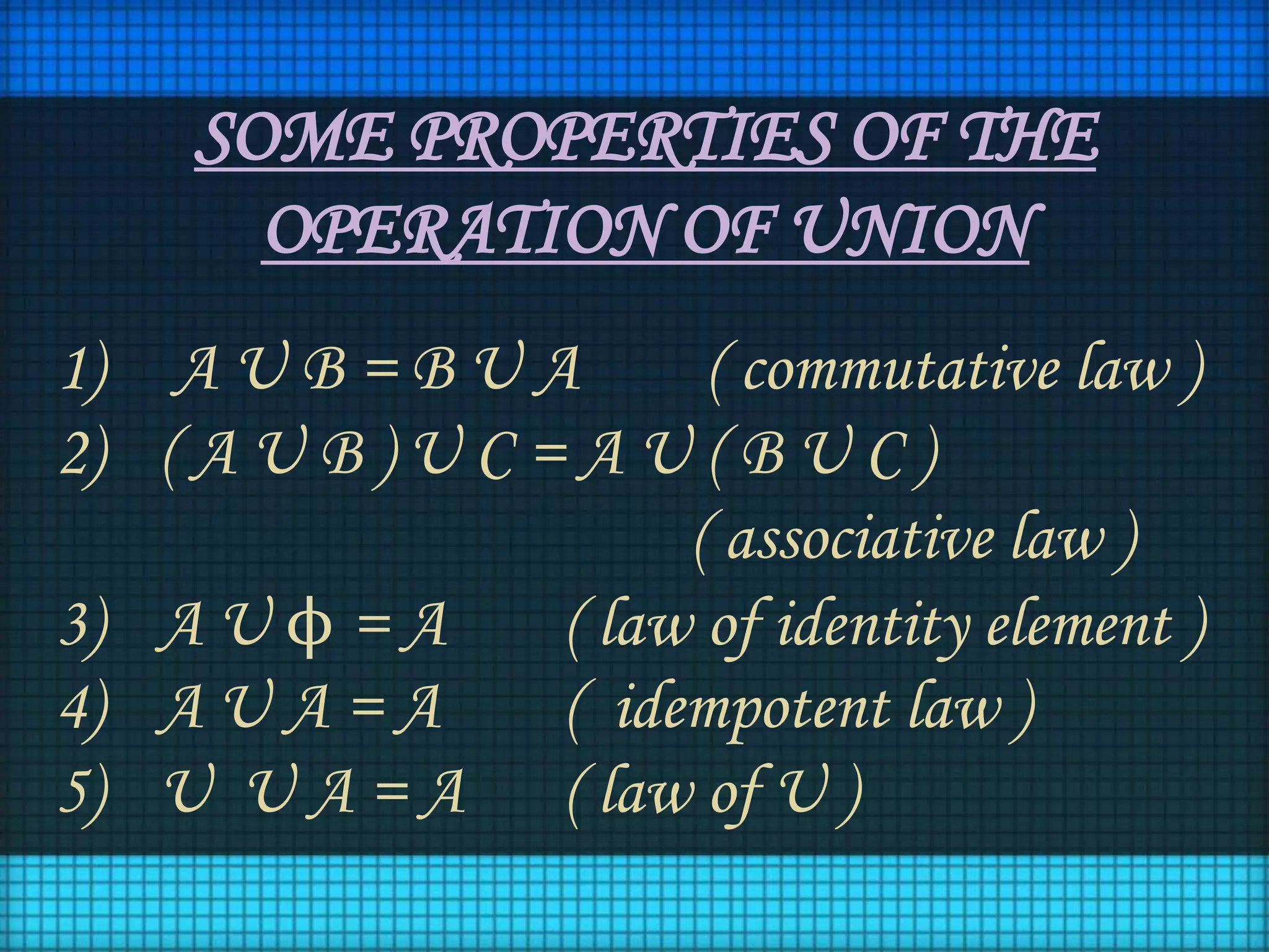 SOME PROPERTIES OF THE
OPERATION OF UNION
1) A U B = B U A ( commutative law )
2) ( A U B ) U C = A U ( B U C )
( associative law )
3) A U ϕ = A ( law of identity element )
4) A U A = A ( idempotent law )
5) U U A = A ( law of U )
 
