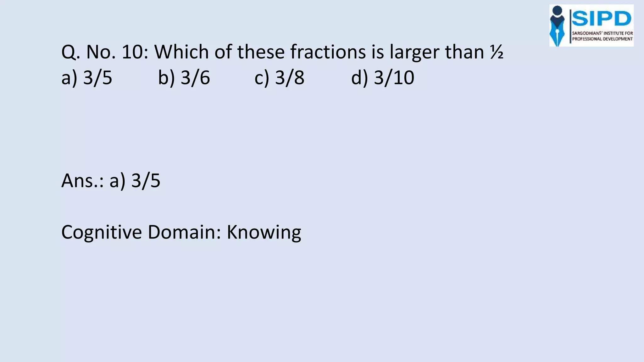 Q. No. 10: Which of these fractions is larger than ½
a) 3/5 b) 3/6 c) 3/8 d) 3/10
Ans.: a) 3/5
Cognitive Domain: Knowing
 