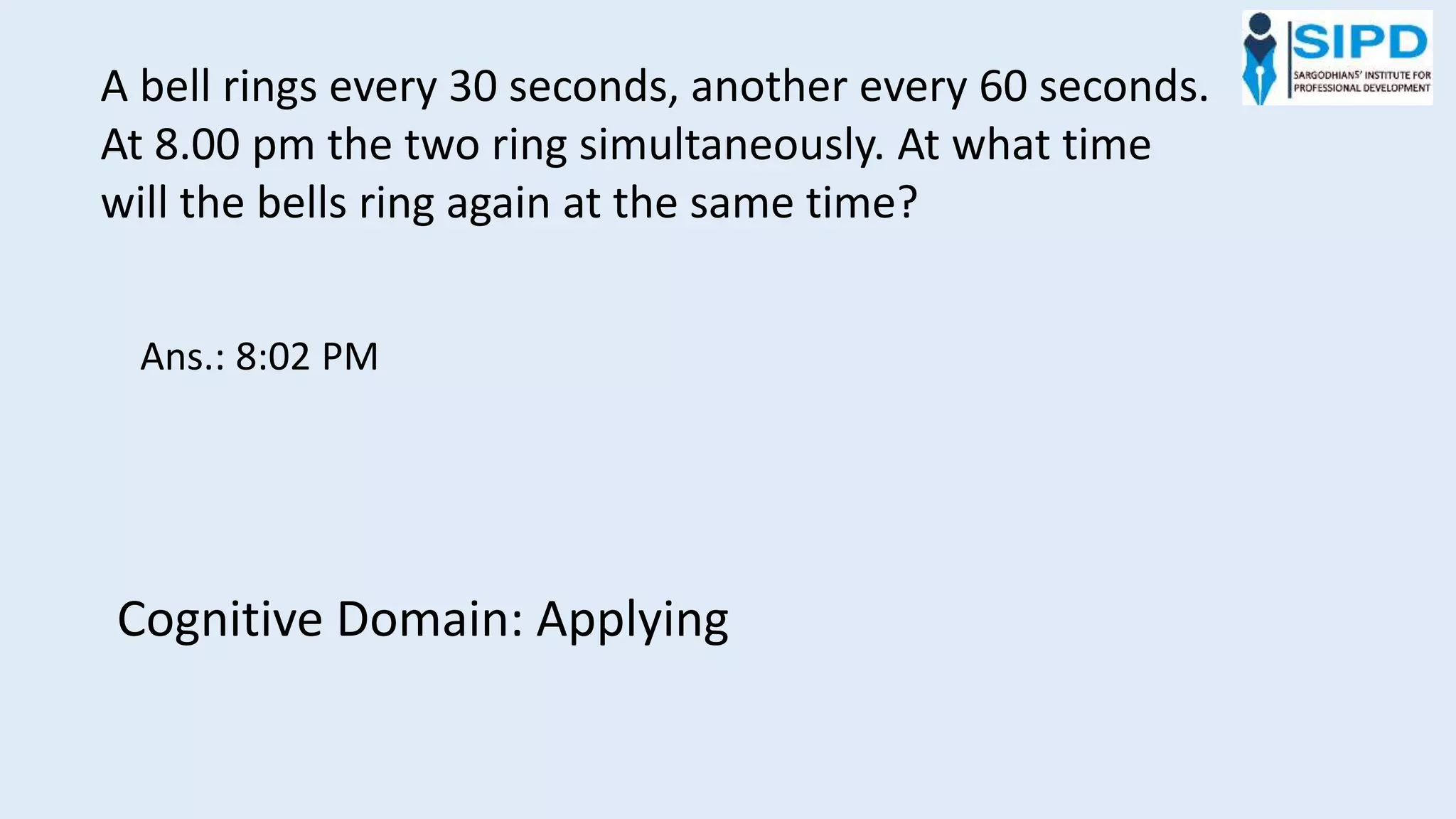 A bell rings every 30 seconds, another every 60 seconds.
At 8.00 pm the two ring simultaneously. At what time
will the bells ring again at the same time?
Ans.: 8:02 PM
Cognitive Domain: Applying
 