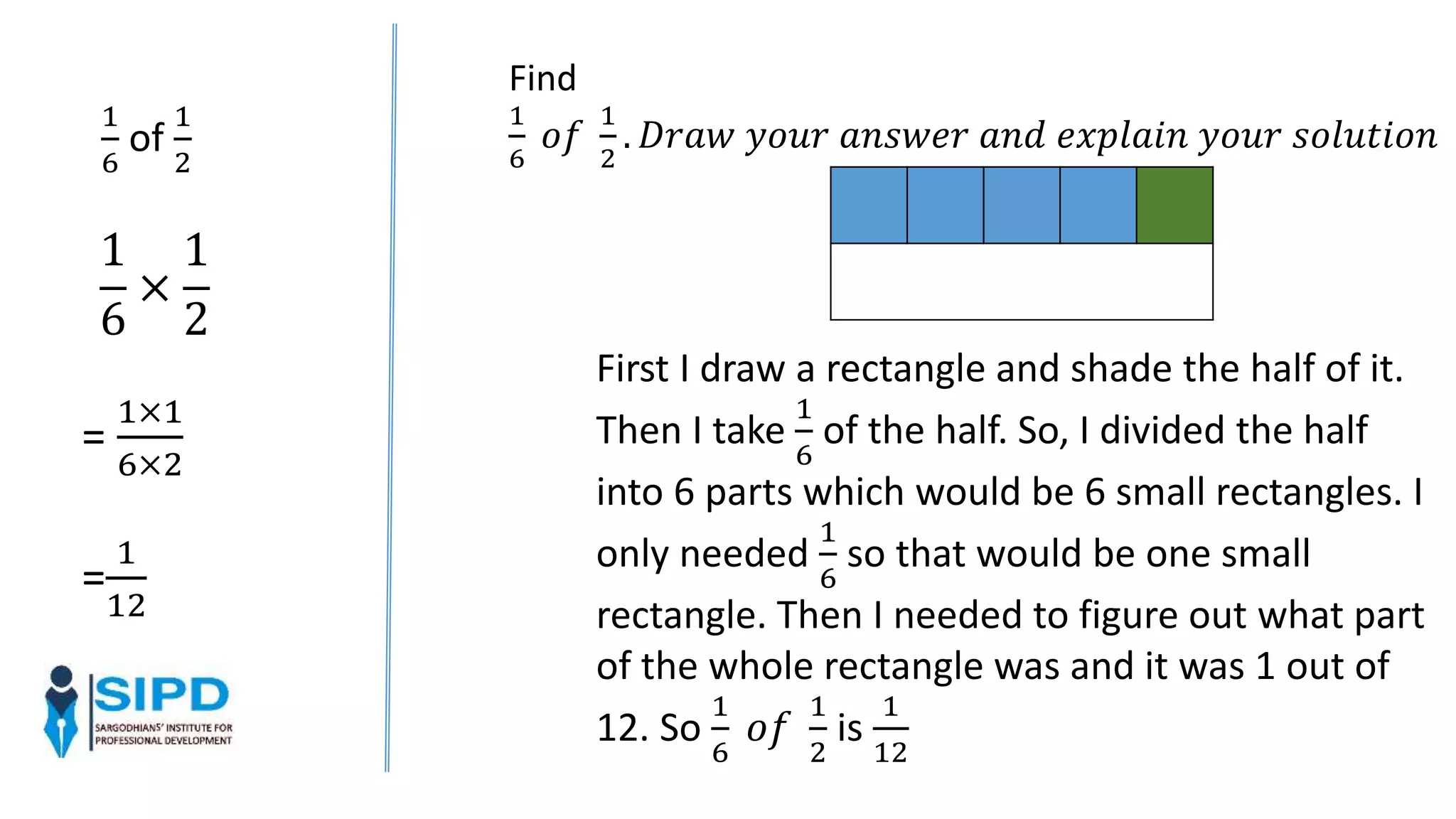 1
6
of
1
2
1
6
×
1
2
=
1×1
6×2
=
1
12
Find
1
6
𝑜𝑓
1
2
. 𝐷𝑟𝑎𝑤 𝑦𝑜𝑢𝑟 𝑎𝑛𝑠𝑤𝑒𝑟 𝑎𝑛𝑑 𝑒𝑥𝑝𝑙𝑎𝑖𝑛 𝑦𝑜𝑢𝑟 𝑠𝑜𝑙𝑢𝑡𝑖𝑜𝑛
First I draw a rectangle and shade the half of it.
Then I take
1
6
of the half. So, I divided the half
into 6 parts which would be 6 small rectangles. I
only needed
1
6
so that would be one small
rectangle. Then I needed to figure out what part
of the whole rectangle was and it was 1 out of
12. So
1
6
𝑜𝑓
1
2
is
1
12
 