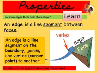 Properties
How many edges these solid shapes have?
An edge is a line segment between
faces..
An edge is a line
segment on the
boundary, joining
one vertex (corner
point) to another.
An edge is a line segment where two faces meet.
 