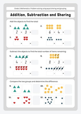 Equal Differences Math Grade 1 Mathematics: Addition, Subtraction, and Equal Sharing Problem ...