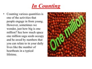 In Counting
• Counting various quantities is
  one of the activities that
  people engage in from young.
  However, sometimes we
  wonder, just how big is one
  million? See how much space
  one million saga seeds occupy
  and be awed by numbers that
  you can relate to in your daily
  lives like the number of
  heartbeats in a typical
  lifetime.
 