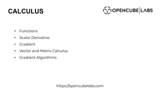 CALCULUS
●
Functions
●
Scalar Derivative
●
Gradient
●
Vector and Matrix Calculus
●
Gradient Algorithms
https://opencubelabs.com