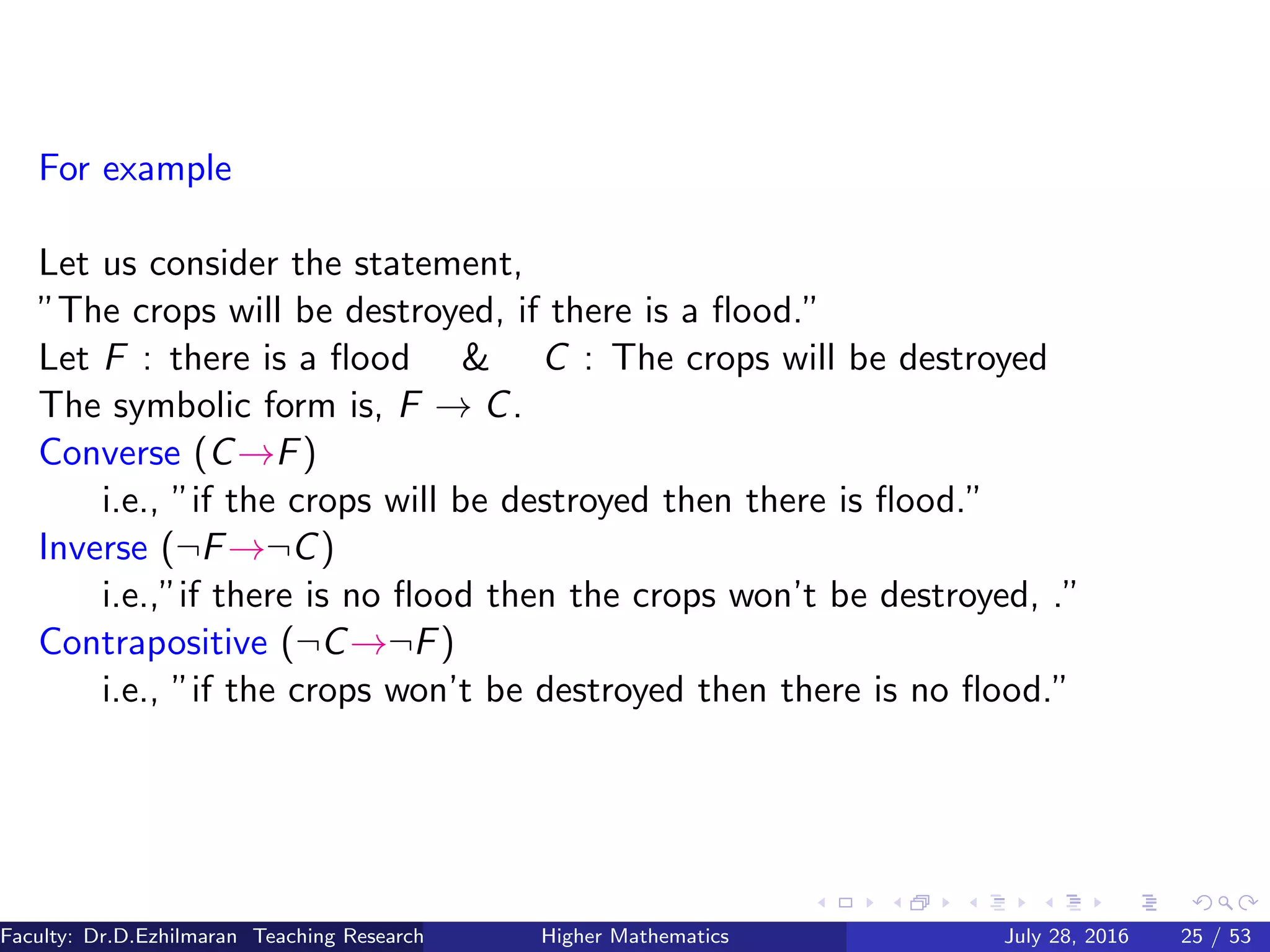 For example
Let us consider the statement,
”The crops will be destroyed, if there is a ﬂood.”
Let F : there is a ﬂood & C : The crops will be destroyed
The symbolic form is, F → C.
Converse (C→F)
i.e., ”if the crops will be destroyed then there is ﬂood.”
Inverse (¬F→¬C)
i.e.,”if there is no ﬂood then the crops won’t be destroyed, .”
Contrapositive (¬C→¬F)
i.e., ”if the crops won’t be destroyed then there is no ﬂood.”
Faculty: Dr.D.Ezhilmaran Teaching Research Associate: M.Adhiyaman (VIT)Higher Mathematics July 28, 2016 25 / 53
 