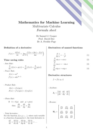 Mathematics for machine learning calculus formulasheet | PDF