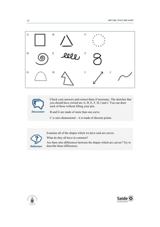 A                     B                           C




D                     E                           F




G                     H                           I                     J




                    Check your answers and correct them if necessary. The sketches that
                    you should have circled are A, D, E, F, H, I and J. You can draw
                    each of these without lifting your pen.
     Discussion     B and G are made of more than one curve.
                    C is zero dimensional – it is made of discrete points.




                  Examine all of the shapes which we have said are curves.
                  What do they all have in common?
                  Are there also differences between the shapes which are curves? Try to
    Reflection    describe these differences.
 