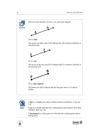 Here are some sketches of a line, a ray and a line segment.


Example




          AD is a line.
          The arrows on either end of AD indicate that AD continues infinitely in
          both directions.




          CF is a ray.
          The arrow on the one end of CF indicates that CF continues infinitely in
          the direction of F.




          FS is a line segment.
          The points at F and S indicate that the line goes from F to S and no
          further.




          A line is a straight curve that is infinite and has no thickness. Lines are
          1-D.

 Note     A ray is a straight path that has a starting point and continues from there
          infinitely. Rays are 1-D.
          A linesegment is a finite piece of a line that has a starting point and an
          ending point.
 