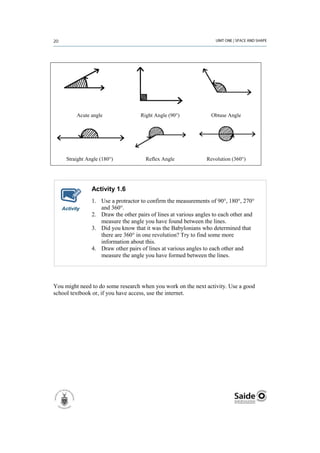 Acute angle                Right Angle (90°)             Obtuse Angle




     Straight Angle (180°)            Reflex Angle              Revolution (360°)




                Activity 1.6
                1. Use a protractor to confirm the measurements of 90°, 180°, 270°
   Activity        and 360°.
                2. Draw the other pairs of lines at various angles to each other and
                   measure the angle you have found between the lines.
                3. Did you know that it was the Babylonians who determined that
                   there are 360° in one revolution? Try to find some more
                   information about this.
                4. Draw other pairs of lines at various angles to each other and
                   measure the angle you have formed between the lines.




You might need to do some research when you work on the next activity. Use a good
school textbook or, if you have access, use the internet.
 