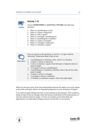 Activity 1.12
                Answer SOMETIMES or ALWAYSor NEVERto the following
   Activity     questions:
                1.   When is a parallelogram a kite?
                2.   When is a square a trapezium?
                3.   When is a kite a square?
                4.   When is a rectangle a parallelogram?
                5.   When is a parallelogram a rhombus?
                6.   When is a square a rectangle?
                7.   When is a rectangle a trapezium?
                8.   When is a rhombus a square?




                Do your answers to the questions in Activity 1.12 agree with the
                following? Think about them if they do not.
                1. A parallelogram is sometimes a kite, when it is a rhombus.
 Discussion     2. A square is always a trapezium.
                3. A kite is sometimes a square when both pairs of adjacent sides are
                   equal in length.
                4. A rectangle is always a parallelogram.
                5. A parallelogram is sometimes a rhombus when it has all four sides
                   equal in length.
                6. A square is always a rectangle.
                7. A rectangle is always a trapezium.
                8. A rhombus is sometimes a square, when it has right angles.




When you become aware of the inter-relationships between the shapes you see the shapes
as less static and rigid, which is an important progression in your awareness of shapes!
You could use paper-folding activities in your teaching on the polygons. This would be a
hands-on type of activity through which the learners could discover the characteristics of
and inter-relations between shapes. Try this out and then record what skills and
opportunities you think paper-folding exercises would offer to your learners.
 