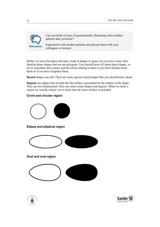 Can you think of ways of geometrically illustrating other number
                patterns that you know?
                Experiment with number patterns and discuss them with your
  Discussion
                colleagues or lecturer.



Before we leave the plane and take a look at shapes in space, let us review some other
familiar plane shapes that are not polygons. You should know all about these shapes, so
try to remember their names and the terms relating to them if you don't already know
them or if you have forgotten them.
Round shapes can roll. There are some special round shapes that you should know about.
Regions are shapes that include the flat surface surrounded by the outline of the shape.
They are two dimensional. Here are some round shapes and regions. When we draw a
region we usually colour it in to show that the inner surface is included.
Circle and circular region




Ellipse and elliptical region




Oval and oval region
 