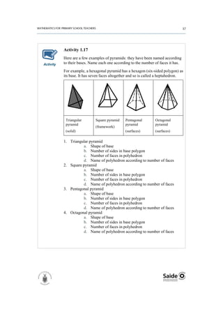 Activity 1.17
           Here are a few examples of pyramids: they have been named according
Activity   to their bases. Name each one according to the number of faces it has.
           For example, a hexagonal pyramid has a hexagon (six-sided polygon) as
           its base. It has seven faces altogether and so is called a heptahedron.




            Triangular        Square pyramid   Pentagonal        Octagonal
            pyramid                            pyramid           pyramid
                              (framework)
            (solid)                            (surfaces)        (surfaces)

           1. Triangular pyramid
                     a. Shape of base
                     b. Number of sides in base polygon
                     c. Number of faces in polyhedron
                     d. Name of polyhedron according to number of faces
           2. Square pyramid
                     a. Shape of base
                     b. Number of sides in base polygon
                     c. Number of faces in polyhedron
                     d. Name of polyhedron according to number of faces
           3. Pentagonal pyramid
                     a. Shape of base
                     b. Number of sides in base polygon
                     c. Number of faces in polyhedron
                     d. Name of polyhedron according to number of faces
           4. Octagonal pyramid
                     a. Shape of base
                     b. Number of sides in base polygon
                     c. Number of faces in polyhedron
                     d. Name of polyhedron according to number of faces
 