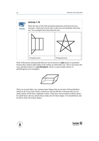 Activity 1.19
                Draw the nets of all of the pyramids and prisms in the previous two
   Activity     activities. Label each of your nets so that you will remember what they
                are. Two examples have been done for you.




                 Triangular prism                     Pentagonal prism

Most of the prisms and pyramids that you see are known as right prisms or pyramids,
because they stand at right angles to the surface on which they rest. This is not always the
case, and drawn below is a parallelopiped, which is a prism made entirely of
parallelograms (not rectangles).




There are several other very common space figures that are not part of the polyhedron
family at all. If you look closely at them you will see that this is because they are not
made entirely of flat faces, edgesand vertices. They have curved surfaces (which cannot
be called faces) and we cannot always make nets for these shapes. You should know and
be able to draw all of these shapes.
 