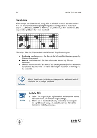 Translations
When a shape has been translated, every point in the shape is moved the same distance.
You can involve the learners in point plotting exercises and get them to pull or push
shapes ALONG a line, BELOW or ABOVE a line, and so on, to draw translations. The
shapes in the grid below have been translated.




The arrows show the direction of the translation each shape has undergone.

        Horizontal translations move the shape to the left or right without any upward or
        downward movement.
        Vertical translations move the shape up or down without any sideways
        movement.
        Oblique translations move the shape to the left or right and upward or downward
        movement at the same time. The arrow indicating the movement is at an angle to
        the horizontal.




               What is the difference between the description of a horizontal/vertical
               translation and an oblique translation?
  Reflection




                 Activity 1.25
                 1. Draw a few shapes on grid paper and then translate them. Record
                    what translations you make the shapes undergo.
    Activity     2. Shapes can be translated vertically, horizontally and obliquely.
                    On a grid translate a shape in each of these ways. Record the
                    translations made by each shape.
 