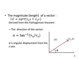 • The magnitude (length) of a vector : 
Derived from the Pythagorean theorem 
– The direction of the vector: 
α is angular displacment from the 
x-axis 
α 
 