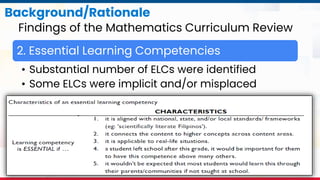 MATATAG Curriculum Training | 2024
Background/Rationale
Findings of the Mathematics Curriculum Review
2. Essential Learning Competencies
• Substantial number of ELCs were identified
• Some ELCs were implicit and/or misplaced
 