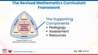 MATATAG Curriculum Training | 2024
The Revised Mathematics Curriculum
Framework
Revised Grades 1 to 10
Mathematics Curriculum Framework
The Supporting
Components
 Pedagogy
 Assessment
 Resources
 