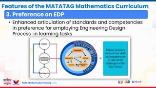 MATATAG Curriculum Training | 2024
Features of the MATATAG Mathematics Curriculum
3. Preference on EDP
• Enhanced articulation of standards and competencies
in preference for employing Engineering Design
Process in learning tasks
 