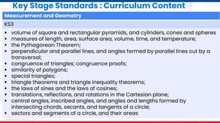 MATATAG Curriculum Training | 2024
Key Stage Standards : Curriculum Content
Measurement and Geometry
KS3
 volume of square and rectangular pyramids, and cylinders, cones and spheres
 measures of length, area, surface area, volume, time, and temperature;
 the Pythagorean Theorem;
 perpendicular and parallel lines, and angles formed by parallel lines cut by a
transversal;
 congruence of triangles; congruence proofs;
 similarity of polygons;
 special triangles;
 triangle theorems and triangle inequality theorems;
 the laws of sines and the laws of cosines;
 translations, reflections, and rotations in the Cartesian plane;
 central angles, inscribed angles, and angles and lengths formed by
intersecting chords, secants, and tangents of a circle;
 sectors and segments of a circle, and their areas
 