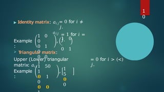 ▶ Identity matrix: 𝑎𝑖 𝑗
𝑎𝑖𝑗
= 0 for 𝑖 ≠
𝑗.
= 1 for 𝑖 =
𝑗.
Example
:
1 0
0
0 1
0
0 0
1
,
1 0
.
0 1
 Triangular matrix:
Upper (Lower) triangular
matrix: 𝑎𝑖 𝑗
= 0 for 𝑖 > (<)
𝑗.
Example
:
1 50
1
𝟎 1
0
𝟎 𝟎
,
1
5
𝟎
0
1
0
 