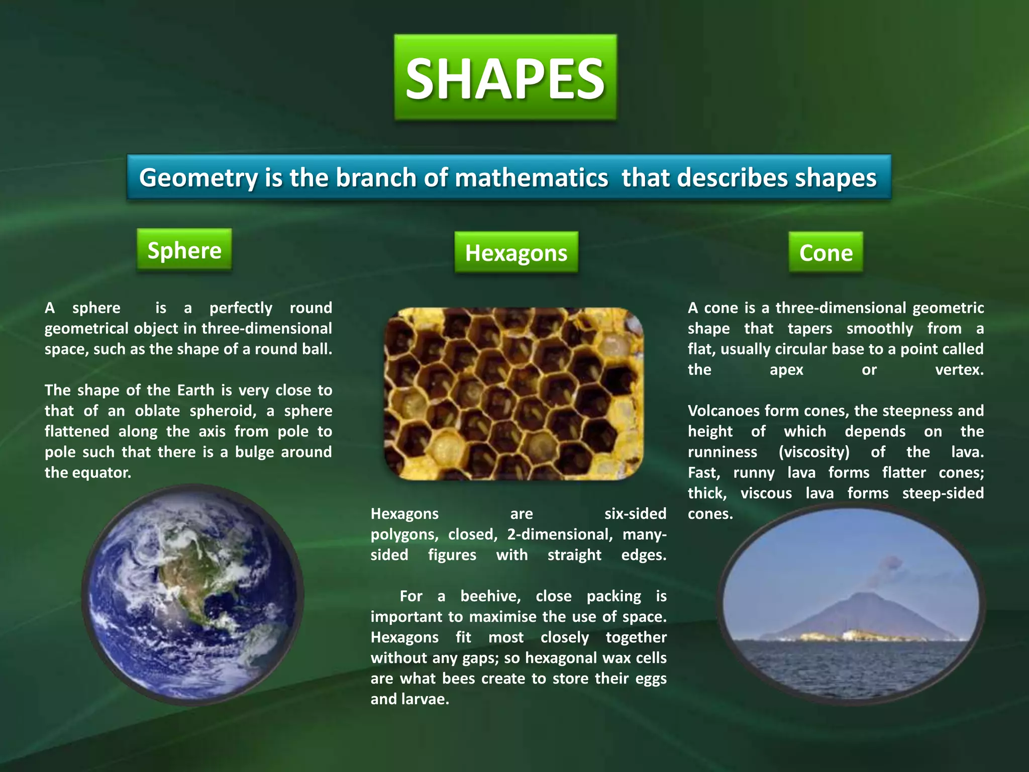 SHAPES
Geometry is the branch of mathematics that describes shapes
Sphere Hexagons Cone
A sphere is a perfectly round
geometrical object in three-dimensional
space, such as the shape of a round ball.
The shape of the Earth is very close to
that of an oblate spheroid, a sphere
flattened along the axis from pole to
pole such that there is a bulge around
the equator.
Hexagons are six-sided
polygons, closed, 2-dimensional, many-
sided figures with straight edges.
For a beehive, close packing is
important to maximise the use of space.
Hexagons fit most closely together
without any gaps; so hexagonal wax cells
are what bees create to store their eggs
and larvae.
A cone is a three-dimensional geometric
shape that tapers smoothly from a
flat, usually circular base to a point called
the apex or vertex.
Volcanoes form cones, the steepness and
height of which depends on the
runniness (viscosity) of the lava.
Fast, runny lava forms flatter cones;
thick, viscous lava forms steep-sided
cones.
 