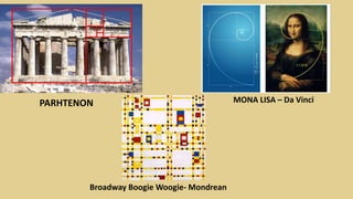 MONA LISA – Da VinciPARHTENON
Broadway Boogie Woogie- Mondrean
 