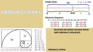 RELATION BETWEEN GOLDEN RATIO
AND FIBONACCI SEQUENCE
FIBONACCI SPIRAL
 