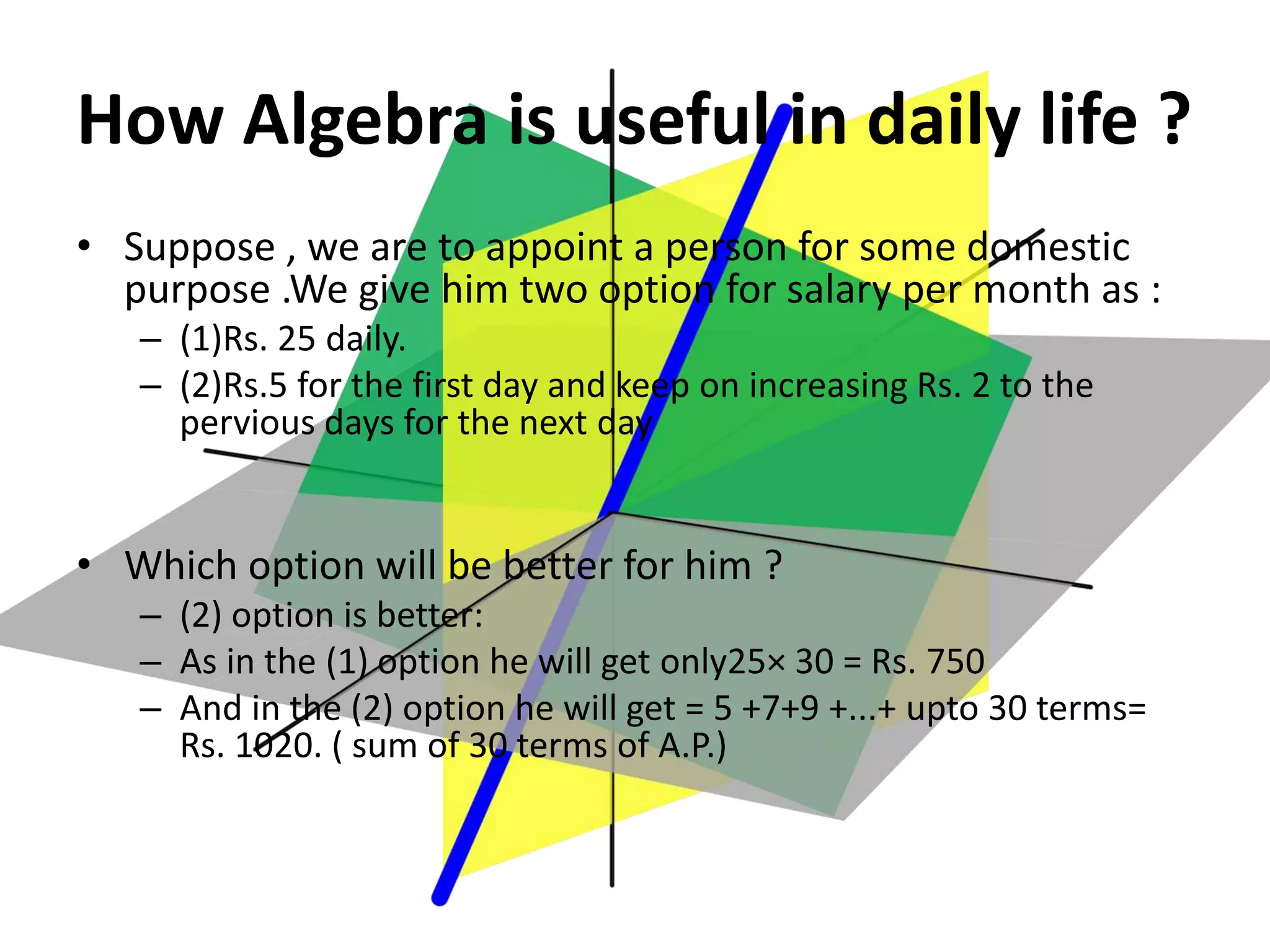 How Algebra is useful in daily life ?
• Suppose , we are to appoint a person for some domestic
purpose .We give him two option for salary per month as :
– (1)Rs. 25 daily.
– (2)Rs.5 for the first day and keep on increasing Rs. 2 to the
pervious days for the next day
• Which option will be better for him ?
– (2) option is better:
– As in the (1) option he will get only25× 30 = Rs. 750
– And in the (2) option he will get = 5 +7+9 +...+ upto 30 terms=
Rs. 1020. ( sum of 30 terms of A.P.)
 