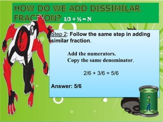 Step 2: Follow the same step in adding
similar fraction.
Add the numerators.
Copy the same denominator.
2/6 + 3/6 = 5/6
Answer: 5/6