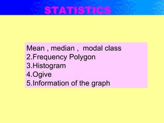 STATISTICS


Mean , median , modal class
2.Frequency Polygon
3.Histogram
4.Ogive
5.Information of the graph
 