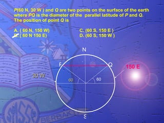 P(60 N, 30 W ) and Q are two points on the surface of the earth
where PQ is the diameter of the parallel latitude of P and Q.
The position of point Q is

A. ( 60 N, 150 W)             C. (60 S, 150 E )
B. ( 60 N 150 E)              D. (60 S, 150 W )


                               N

                     P                     Q        150 E
        30 W
                         60           60




                                S
 