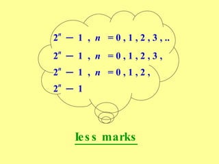 n
2 ─ 1 , n = 0 , 1 , 2 , 3 , ..
 n
2 ─ 1 , n =0,1,2,3,
 n
2 ─ 1 , n =0,1,2,
 n
2 ─ 1




     Ie s s marks
 