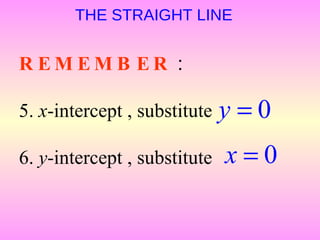 THE STRAIGHT LINE


REMEMB ER :

5. x-intercept , substitute   y=0
6. y-intercept , substitute   x=0
 