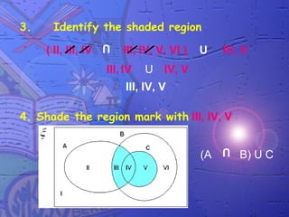 3.     Identify the shaded region
                     U
     ( II, III, IV       III, IV, V, VI )   U    IV, V
                     III, IV   U IV, V
                          III, IV, V

4. Shade the region mark with III, IV, V

                                                 U
                                            (A       B) U C
 