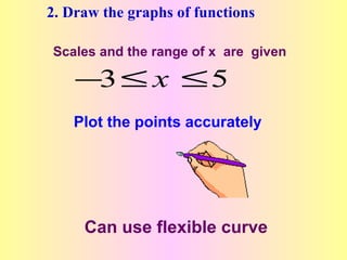 2. Draw the graphs of functions

Scales and the range of x are given

    −3 ≤ x ≤ 5
    Plot the points accurately




     Can use flexible curve
 