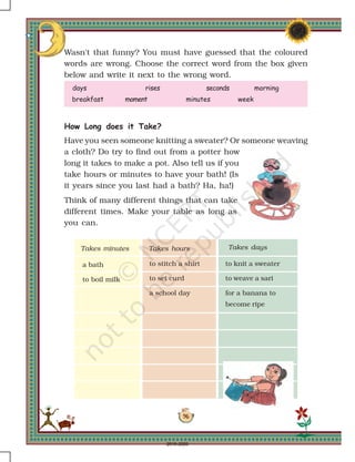 96
a bath
to boil milk
to stitch a shirt
to set curd
a school day
to knit a sweater
to weave a sari
for a banana to
become ripe
Takes hoursTakes minutes Takes days
How Long does it Take?
Have you seen someone knitting a sweater? Or someone weaving
a cloth? Do try to find out from a potter how
long it takes to make a pot. Also tell us if you
take hours or minutes to have your bath! (Is
it years since you last had a bath? Ha, ha!)
Think of many different things that can take
different times. Make your table as long as
you can.
Wasn't that funny? You must have guessed that the coloured
words are wrong. Choose the correct word from the box given
below and write it next to the wrong word.
days rises seconds morning
breakfast moment minutes week
2019-2020
 