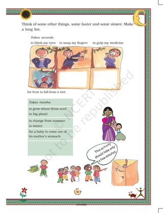 97
This activity
should take only
a few minutes.
to blink my eyes to gulp my medicineto snap my fingers
for fruit to fall from a tree
Takes seconds
Think of some other things, some faster and some slower. Make
a long list.
Takes months
to grow wheat (from seed
to big plant)
to change from summer
to winter
for a baby to come out of
its mother's stomach
2019-2020
 